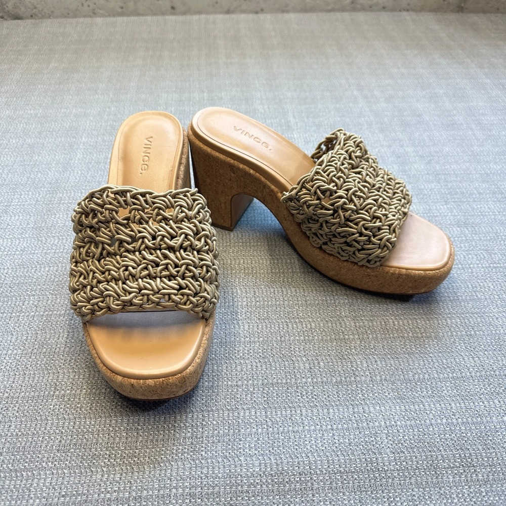 Vince Woven Crochet Cork Platform‎ Nicki Block Heel Sandals 6.5 Coastal
